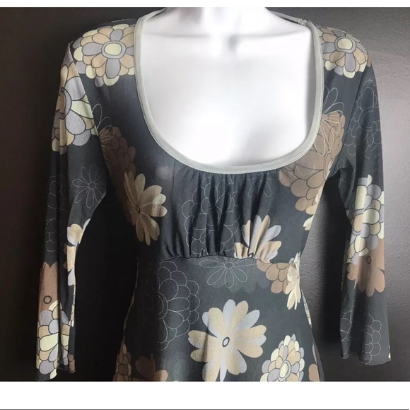 SWEET PEA Stacy Frati Floral Mesh Top Blouse Shirt Gray Tan Scoop Neck Tie Waist - Picture 4 of 8